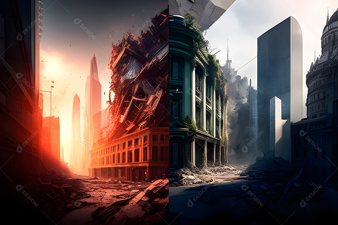 Cidade em escombro com luz vermelha e verde