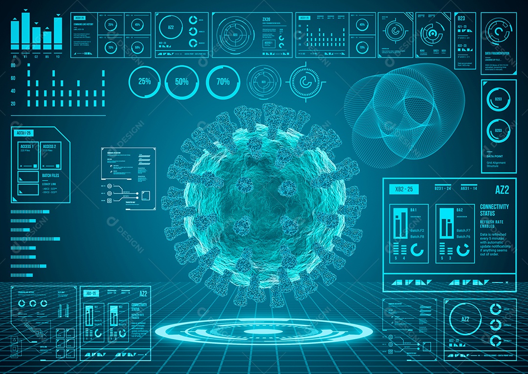 Estrutura genética do vírus de verificação de holograma da Interface Hud. Exibição futurista de alta tecnologia. Conceito de ciência. ilustração 3D