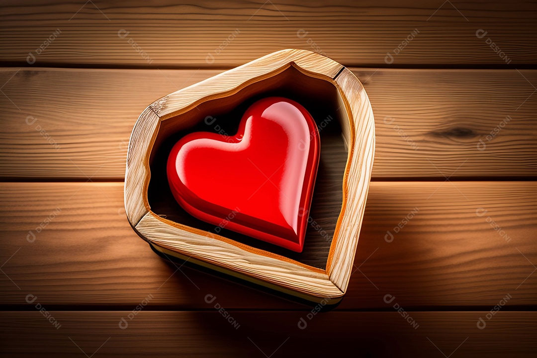 Placa com coração vermelho sobre mesa de madeira