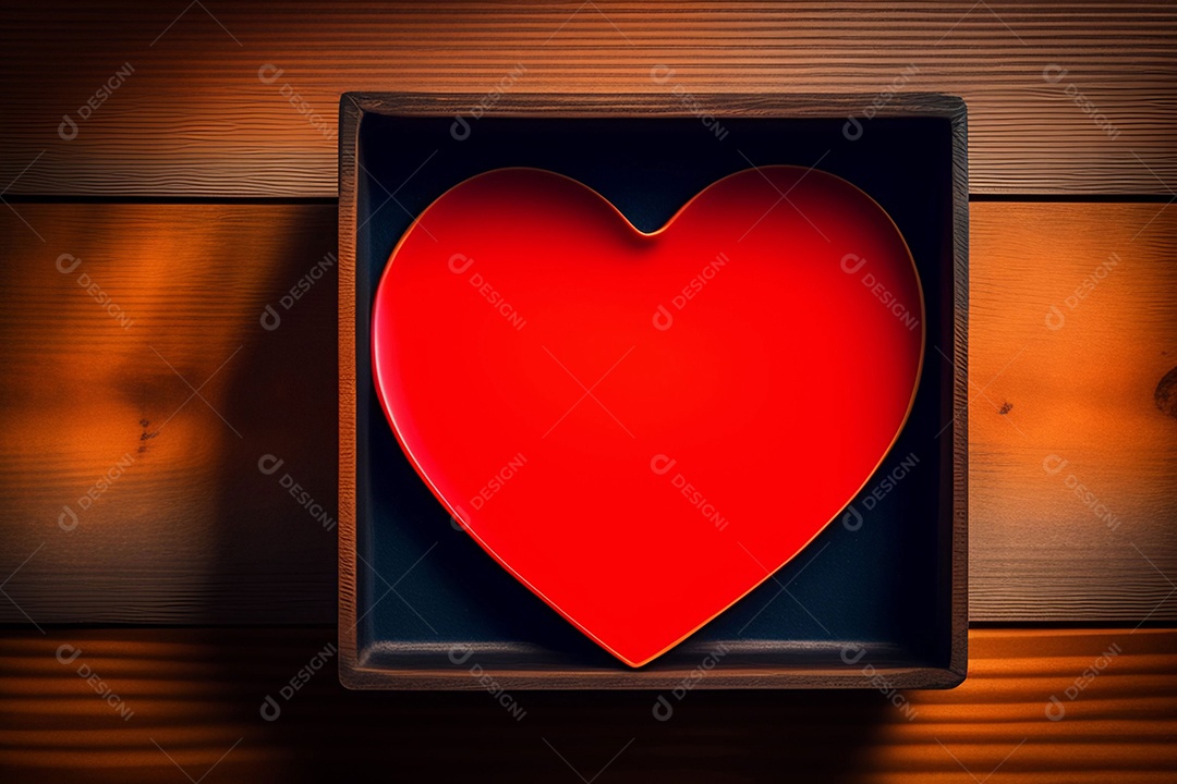 Placa com coração vermelho sobre mesa de madeira