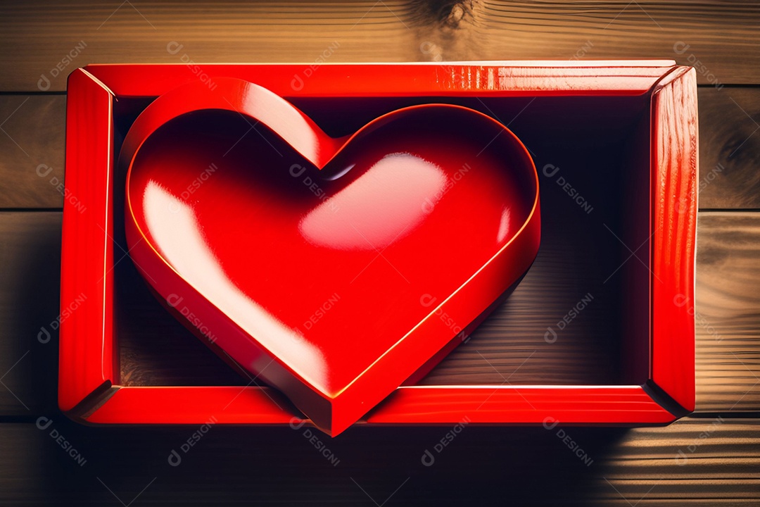 Placa com coração vermelho sobre mesa de madeira