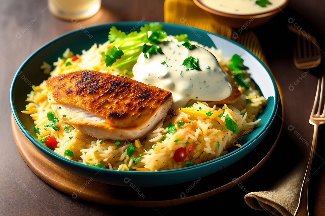 Deliciosa comida com frango com molho de iogurte