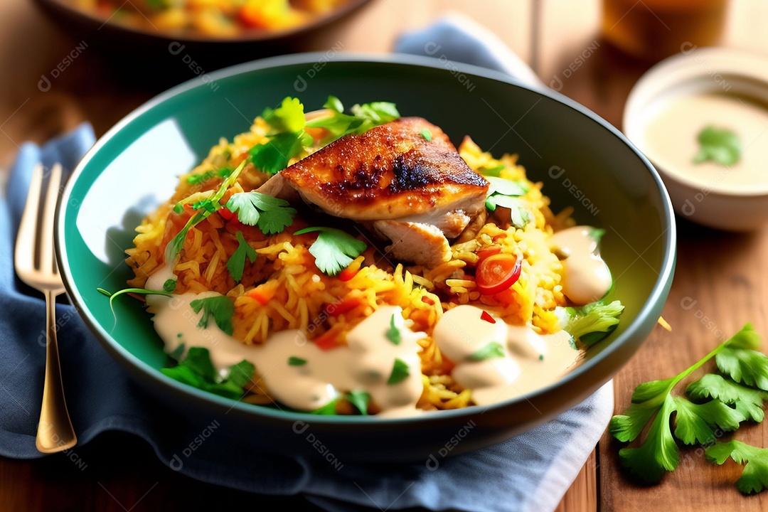 Deliciosa comida com frango com molho de iogurte