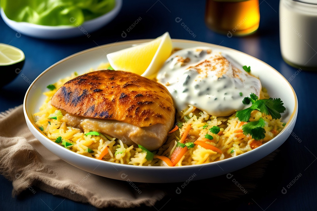 Deliciosa comida com frango com molho de iogurte