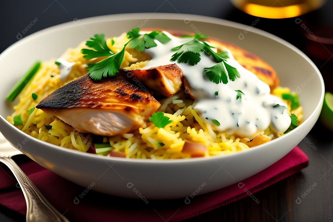 Deliciosa comida com frango com molho de iogurte