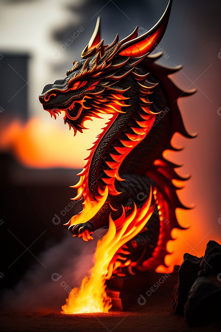 Dragão com chamas de fogo