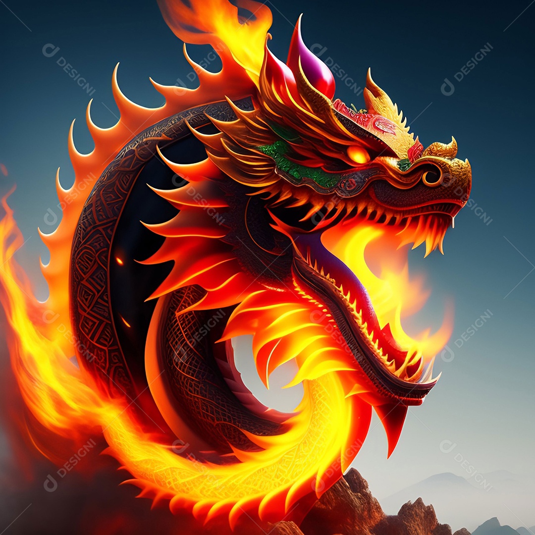 Dragão com chamas de fogo