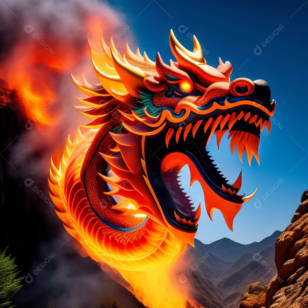 Dragão com chamas de fogo