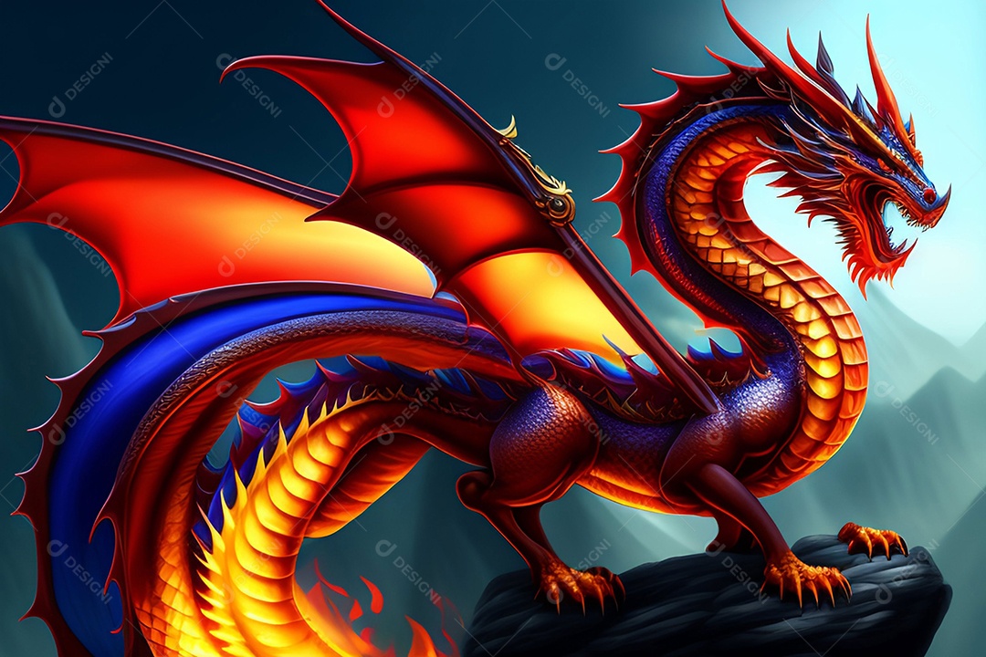 Dragão com chamas de fogo