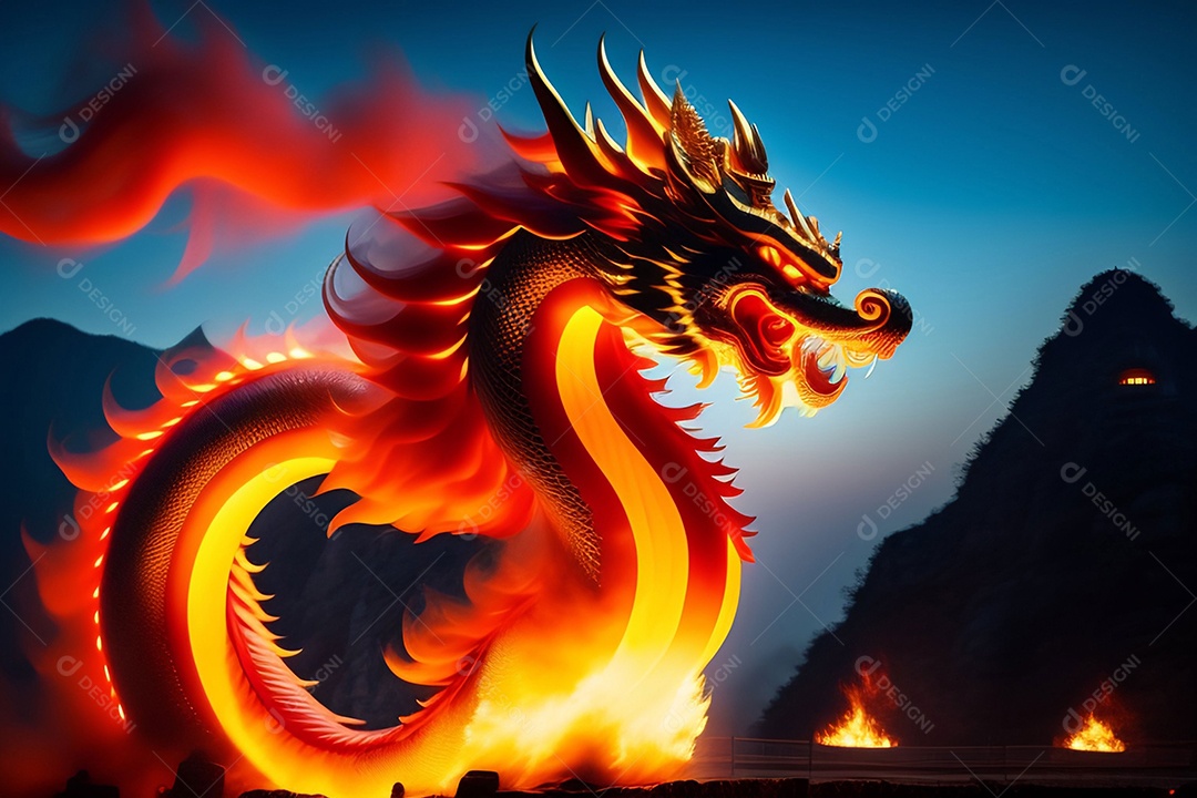 Dragão com chamas de fogo