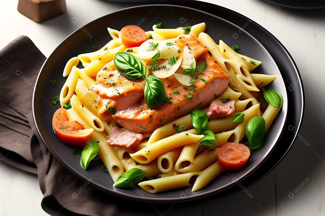 Delicioso macarrão a carbonara com salmão