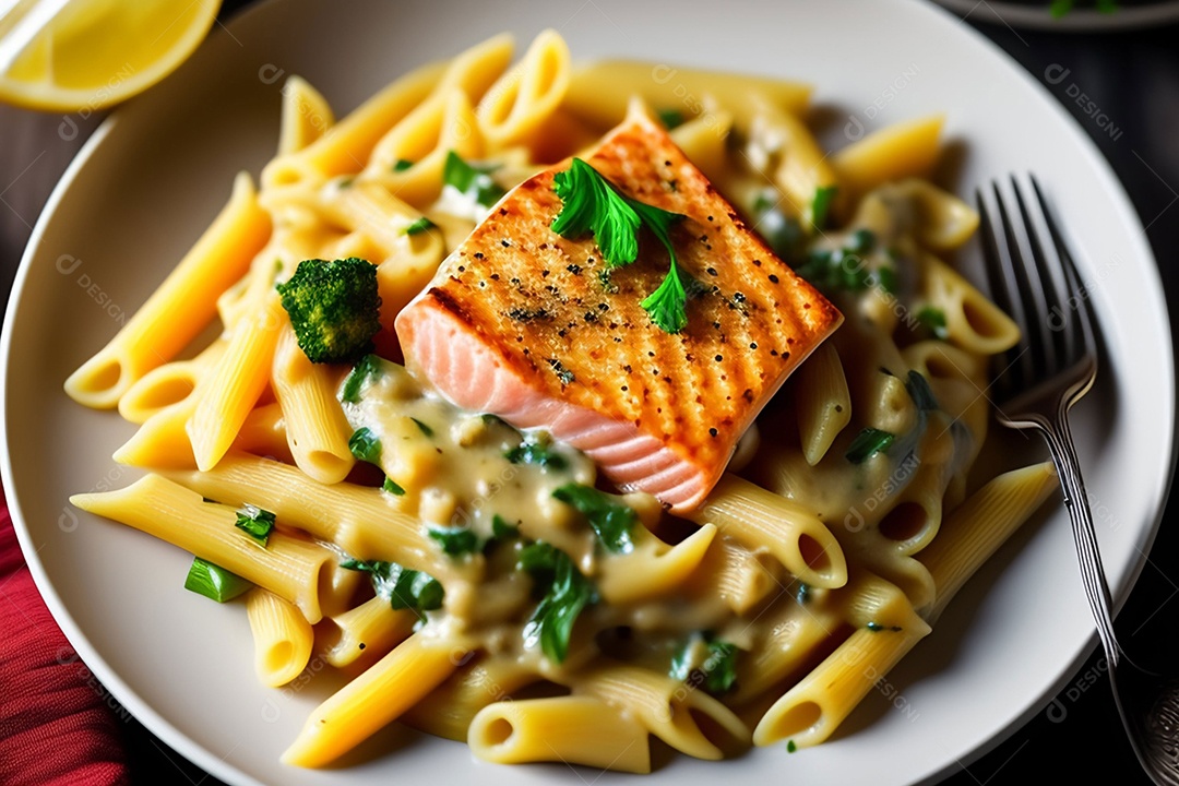 Delicioso macarrão a carbonara com salmão