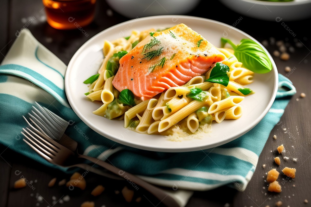 Delicioso macarrão a carbonara com salmão