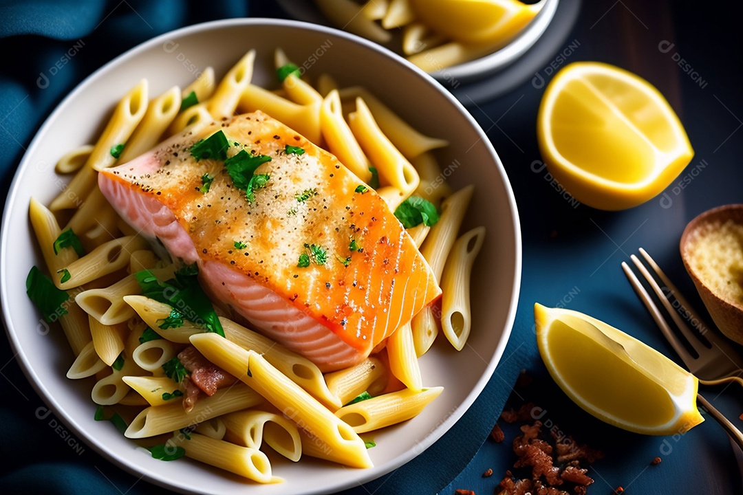 Delicioso macarrão a carbonara com salmão