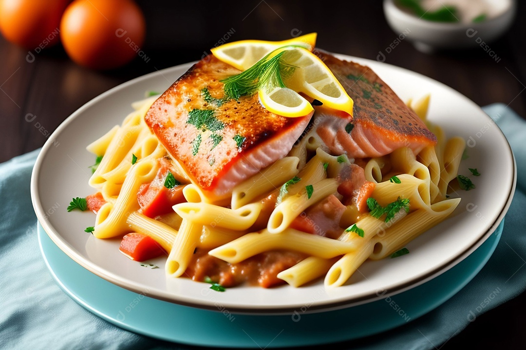 Delicioso macarrão a carbonara com salmão