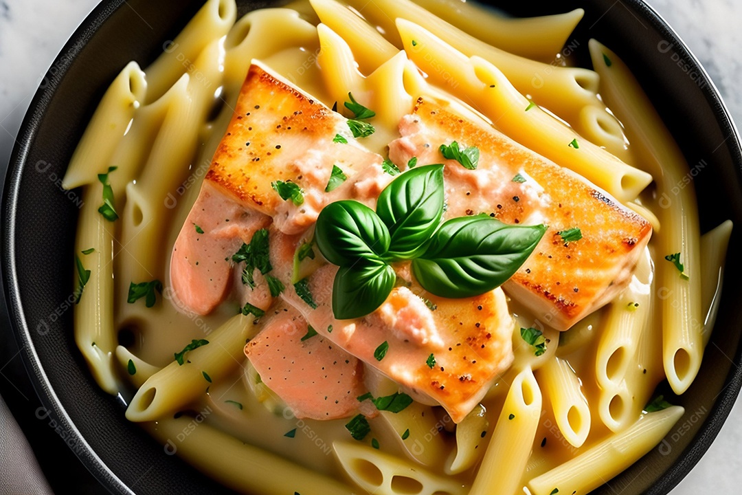 Delicioso macarrão a carbonara com salmão