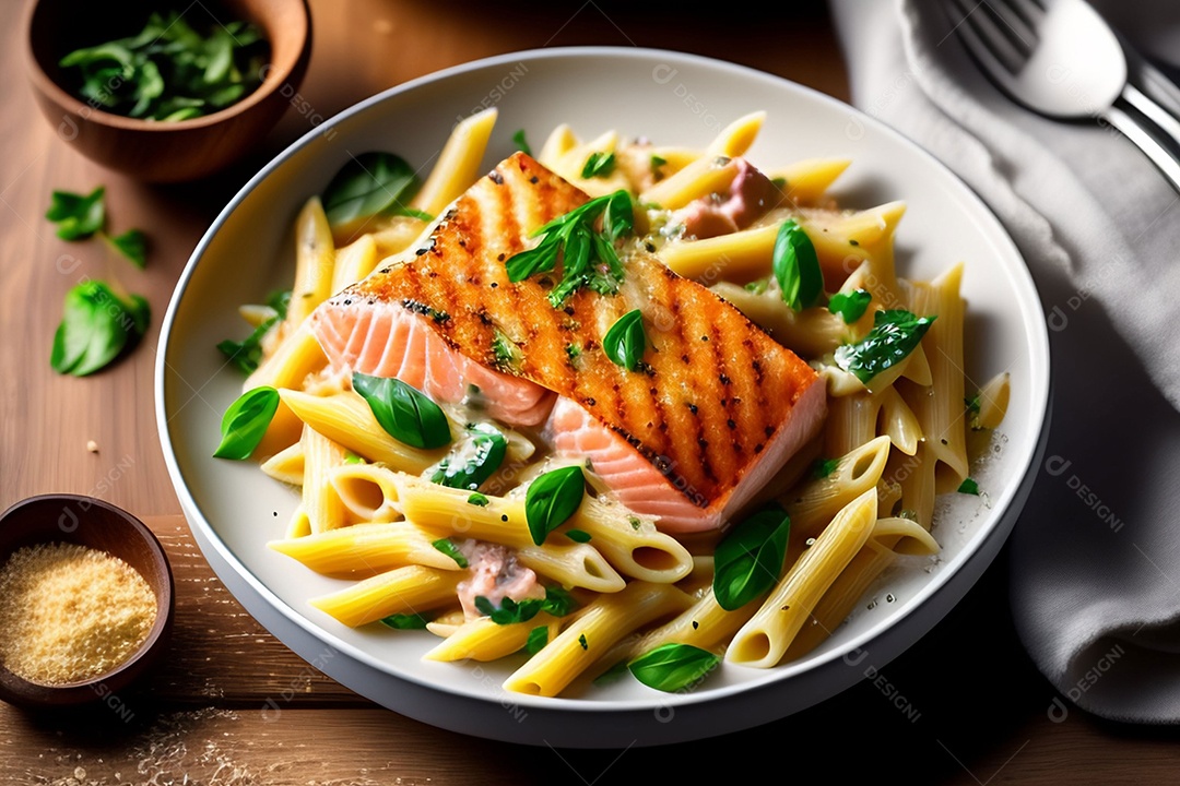 Delicioso penne a carbonara com salmão