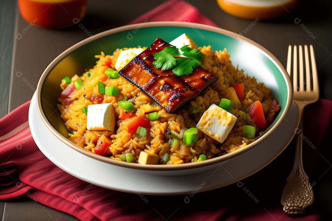 Uma refeição de uma panela, arroz frito com chilli paneer, transforma o chilli paneer em um delicioso prato de arroz picante com pimentão e cebola.