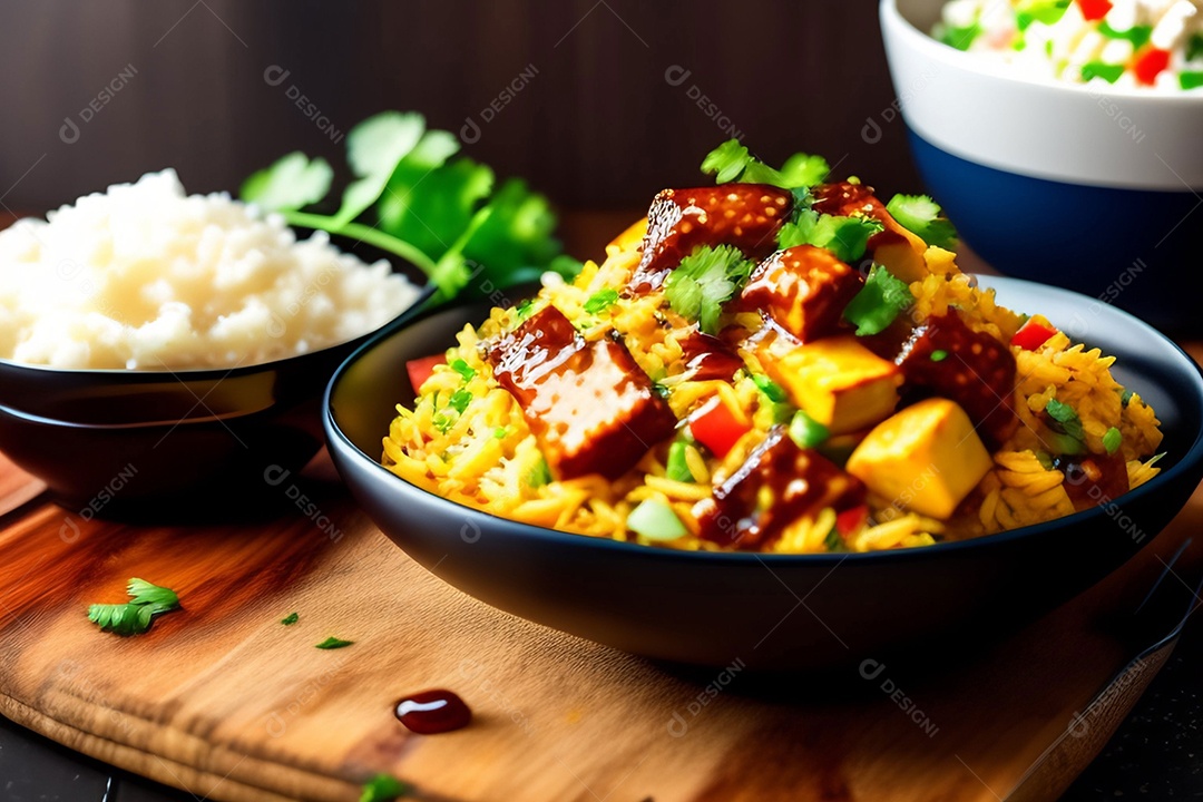 Uma refeição de uma panela, arroz frito com chilli paneer, transforma o chilli paneer em um delicioso prato de arroz picante com pimentão e cebola.