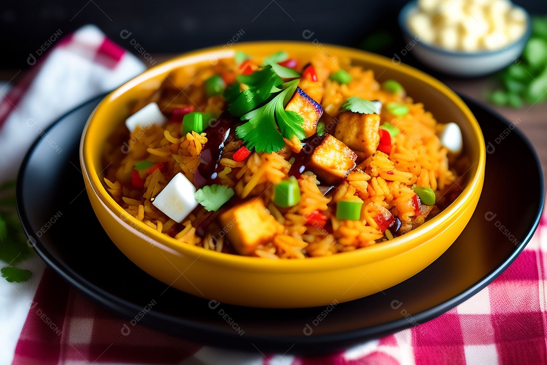 Uma refeição de uma panela, arroz frito com chilli paneer, transforma o chilli paneer em um delicioso prato de arroz picante com pimentão e cebola.