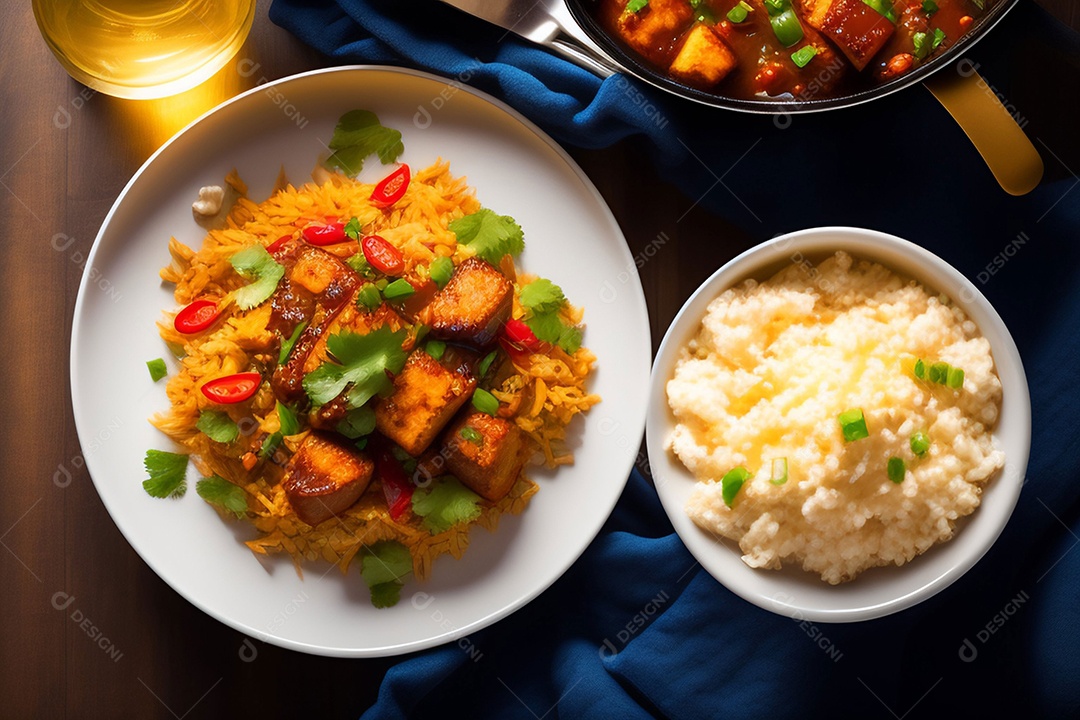 Uma refeição de uma panela, arroz frito com chilli paneer, transforma o chilli paneer em um delicioso prato de arroz picante com pimentão e cebola.