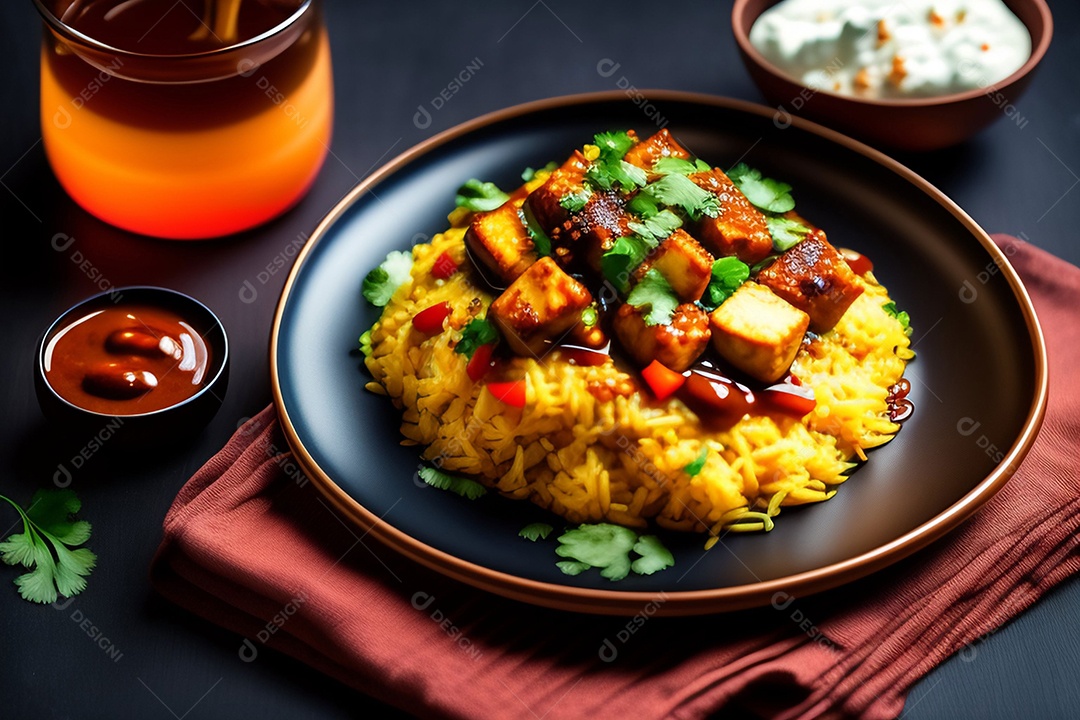 Uma refeição de uma panela, arroz frito com chilli paneer, transforma o chilli paneer em um delicioso prato de arroz picante com pimentão e cebola.