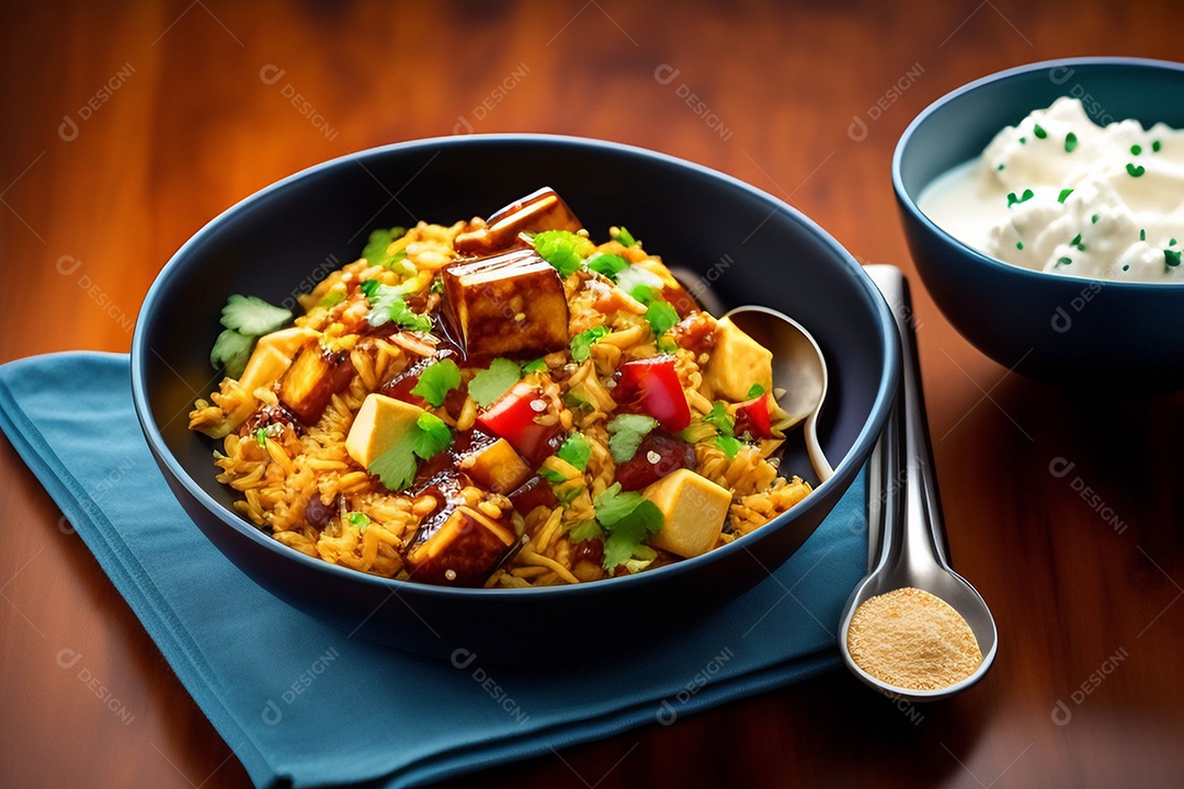 Uma refeição de uma panela, arroz frito com chilli paneer, transforma o chilli paneer em um delicioso prato de arroz picante com pimentão e cebola.