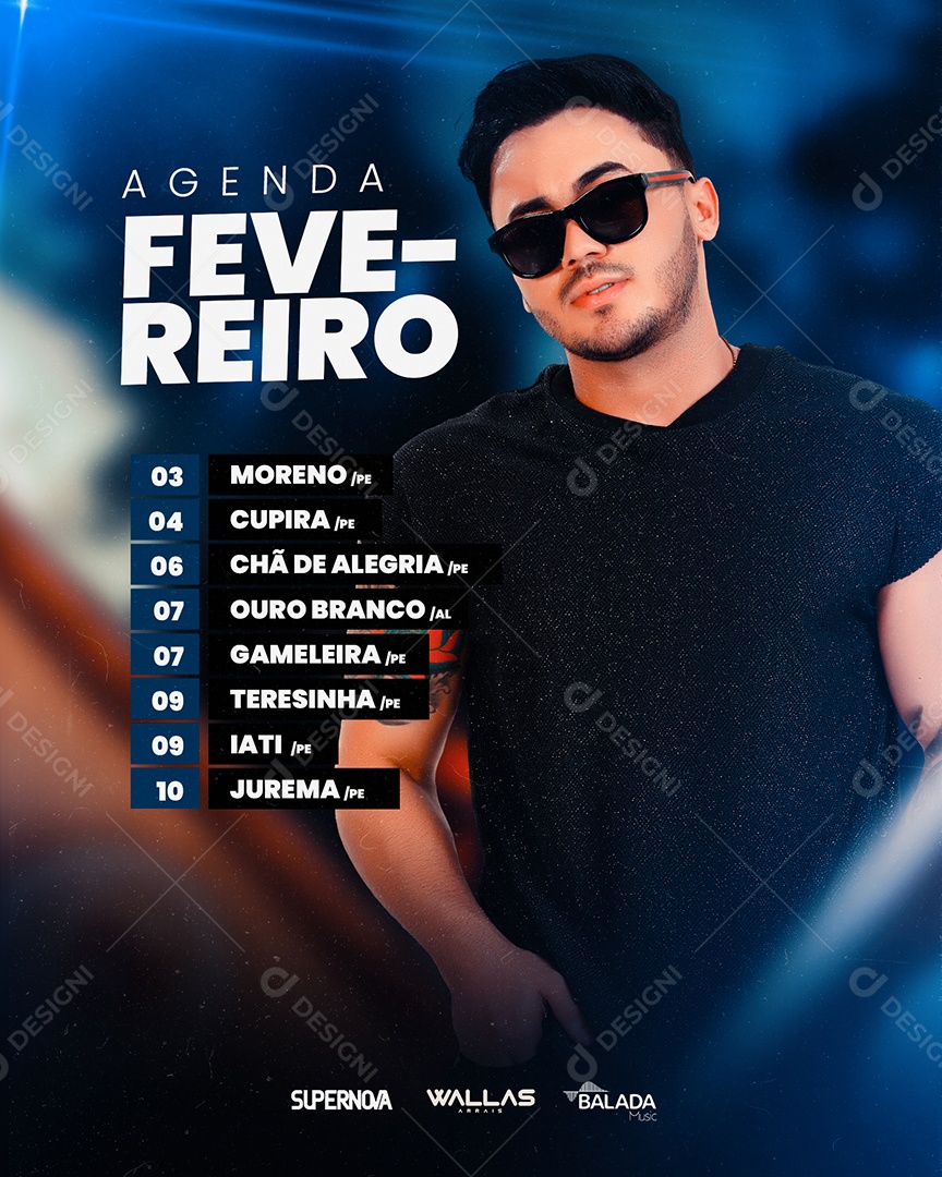 Agenda Fevereiro Wallas Arrais Flyer Social Media PSD Editável