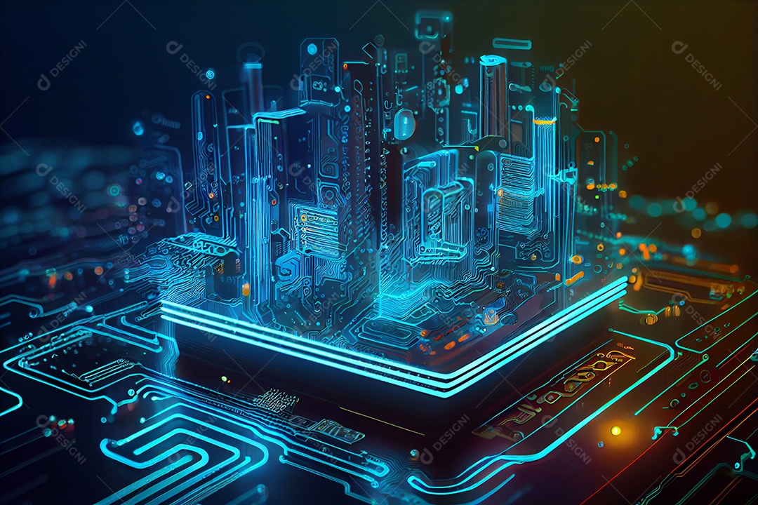 Ilustração 3D cenário de cidade sobre placa de computador
