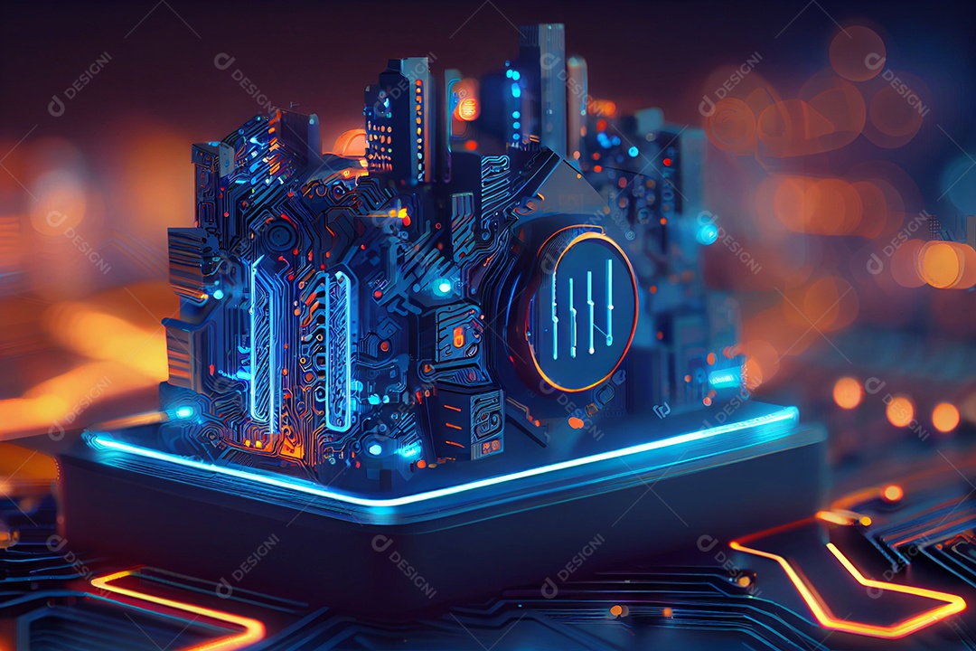 Ilustração 3D cenário de cidade sobre placa de computador