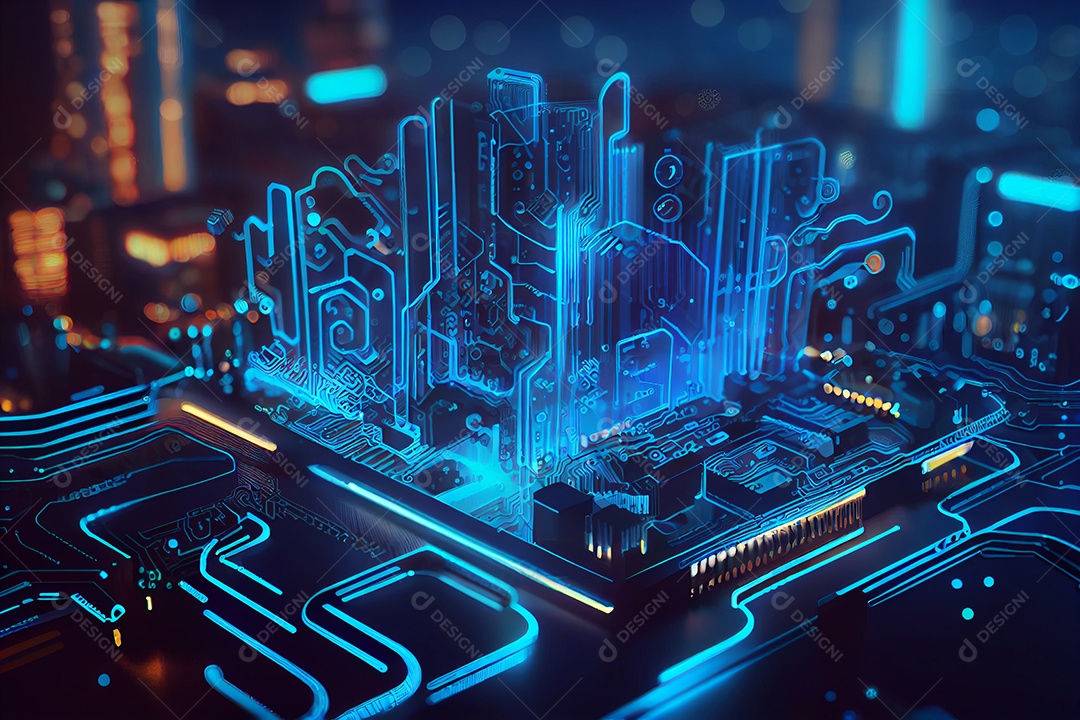 Ilustração 3D cenário de cidade sobre placa de computador