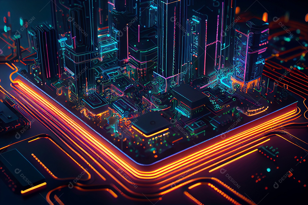 Ilustração 3D cenário de cidade sobre placa de computador