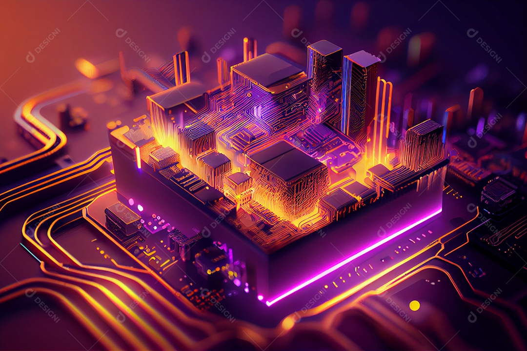 Ilustração 3D cenário de cidade sobre placa de computador