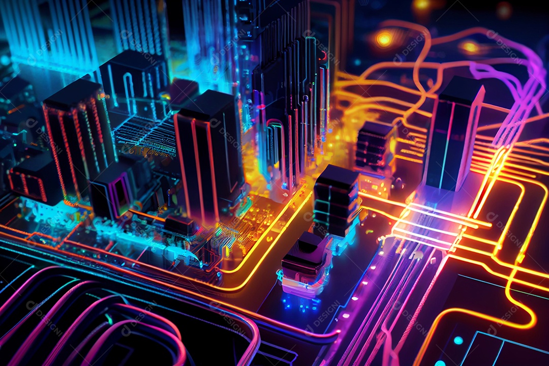 Ilustração 3D de uma cidade sobre uma placa de computador