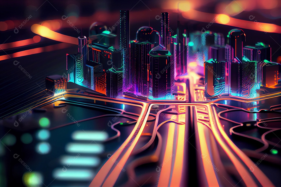 Ilustração 3D de uma cidade sobre uma placa de computador