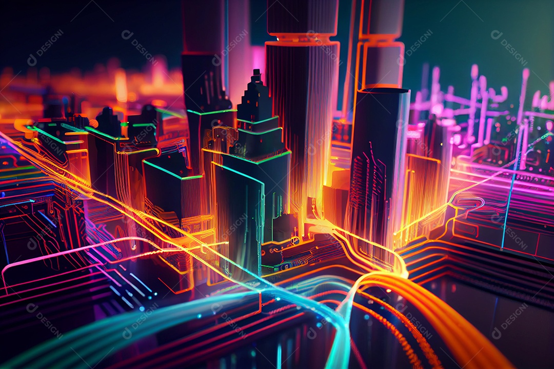 Ilustração 3D de uma cidade sobre uma placa de computador