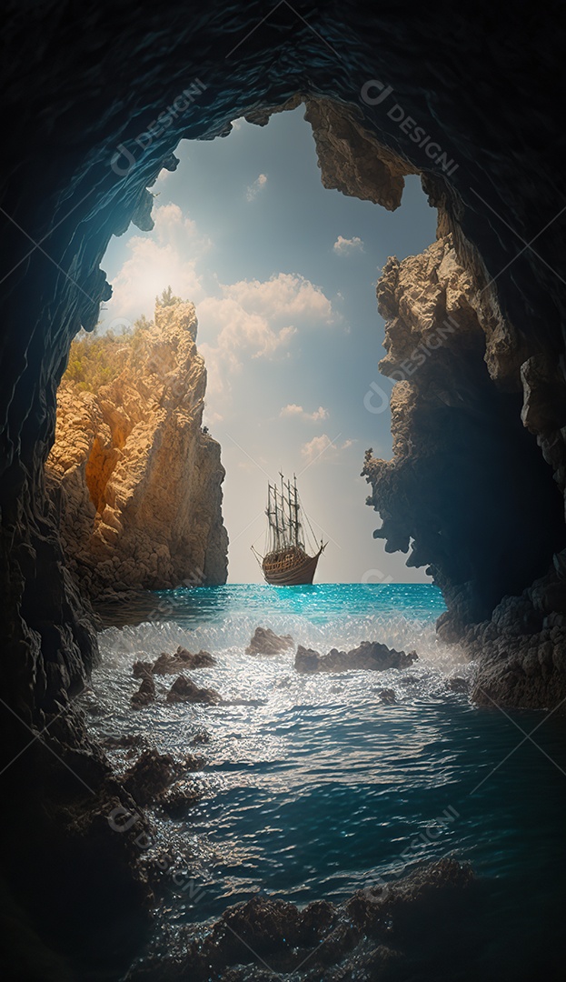 Vista da entrada da caverna, uma caravela detalhada no mar. Ondas batendo nas rochas dentro da caverna. Efeito atmosférico. Belas nuvens densas no céu ensolarado