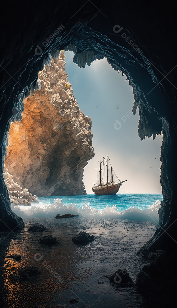 Vista da entrada da caverna, uma caravela detalhada no mar. Ondas batendo nas rochas dentro da caverna. Efeito atmosférico. Belas nuvens densas no céu ensolarado