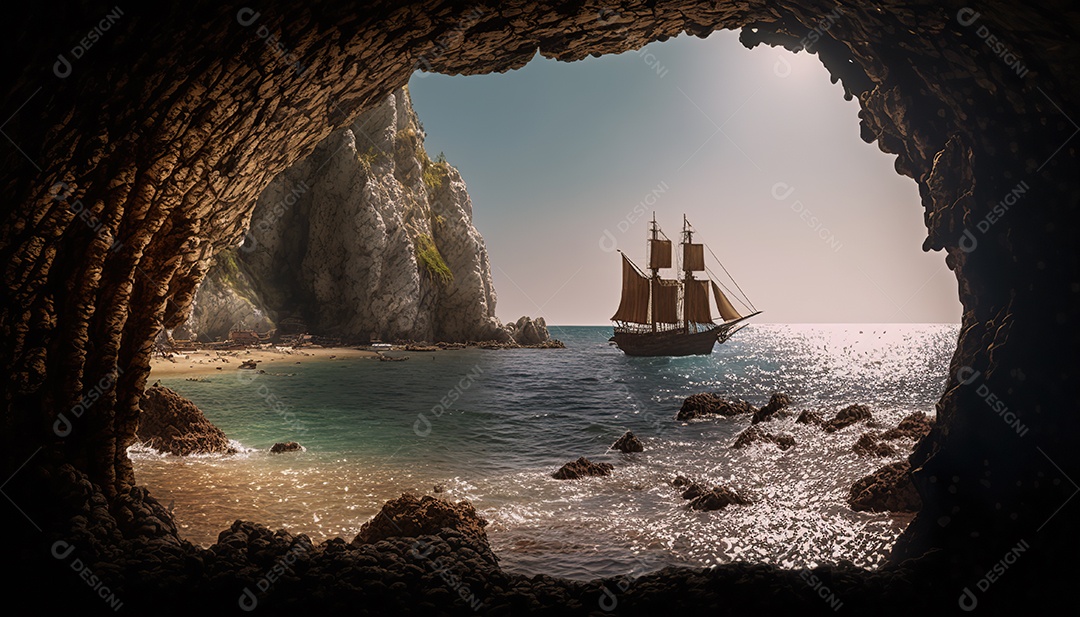Vista da entrada da caverna, uma caravela detalhada no mar. Ondas batendo nas rochas dentro da caverna. Efeito atmosférico. Belas nuvens densas no céu ensolarado