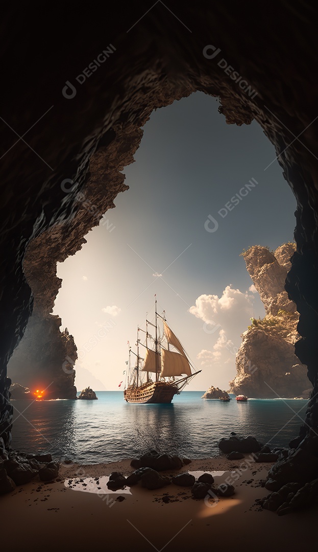 Vista da entrada da caverna, uma caravela detalhada no mar. Ondas batendo nas rochas dentro da caverna. Efeito atmosférico. Belas nuvens densas no céu ensolarado