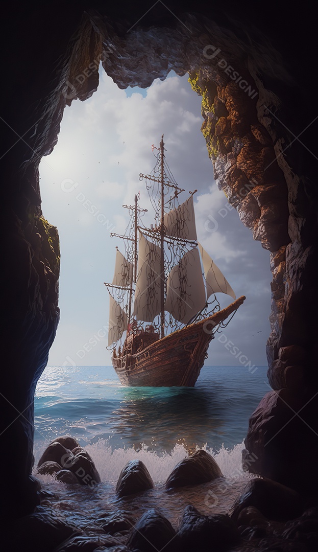 Vista da entrada da caverna, uma caravela detalhada no mar. Ondas batendo nas rochas dentro da caverna. Efeito atmosférico. Belas nuvens densas no céu ensolarado