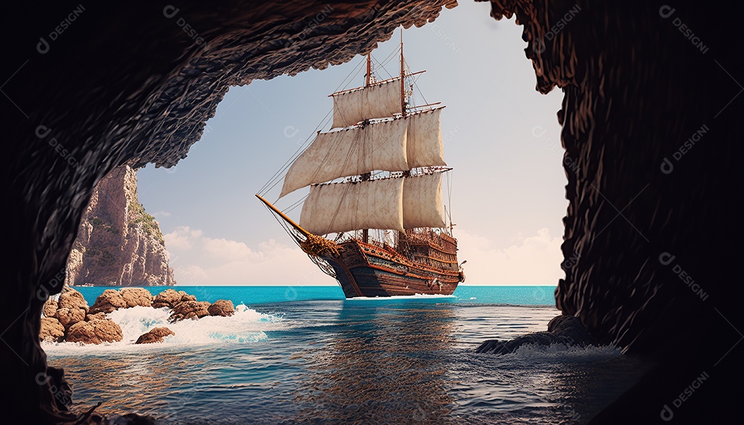 Vista da entrada da caverna, uma caravela detalhada no mar. Ondas batendo nas rochas dentro da caverna. Efeito atmosférico. Belas nuvens densas no céu ensolarado