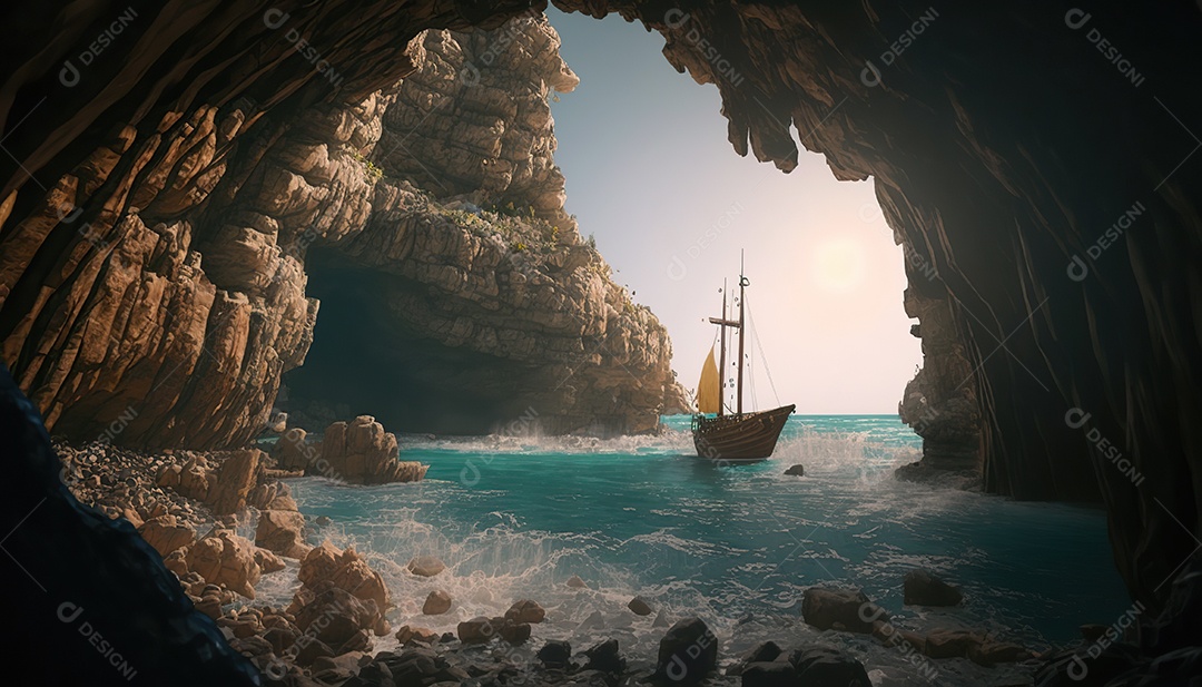 Vista da entrada da caverna, uma caravela detalhada no mar. Ondas batendo nas rochas dentro da caverna. Efeito atmosférico. Belas nuvens densas no céu ensolarado