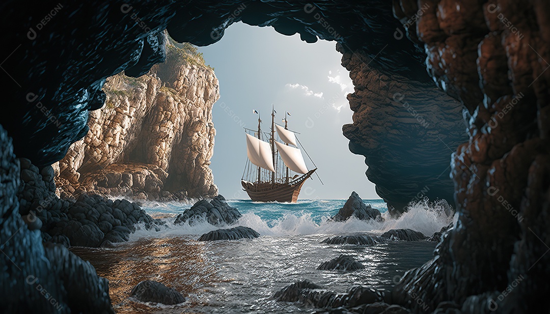 Vista da entrada da caverna, uma caravela detalhada no mar. Ondas batendo nas rochas dentro da caverna. Efeito atmosférico. Belas nuvens densas no céu ensolarado