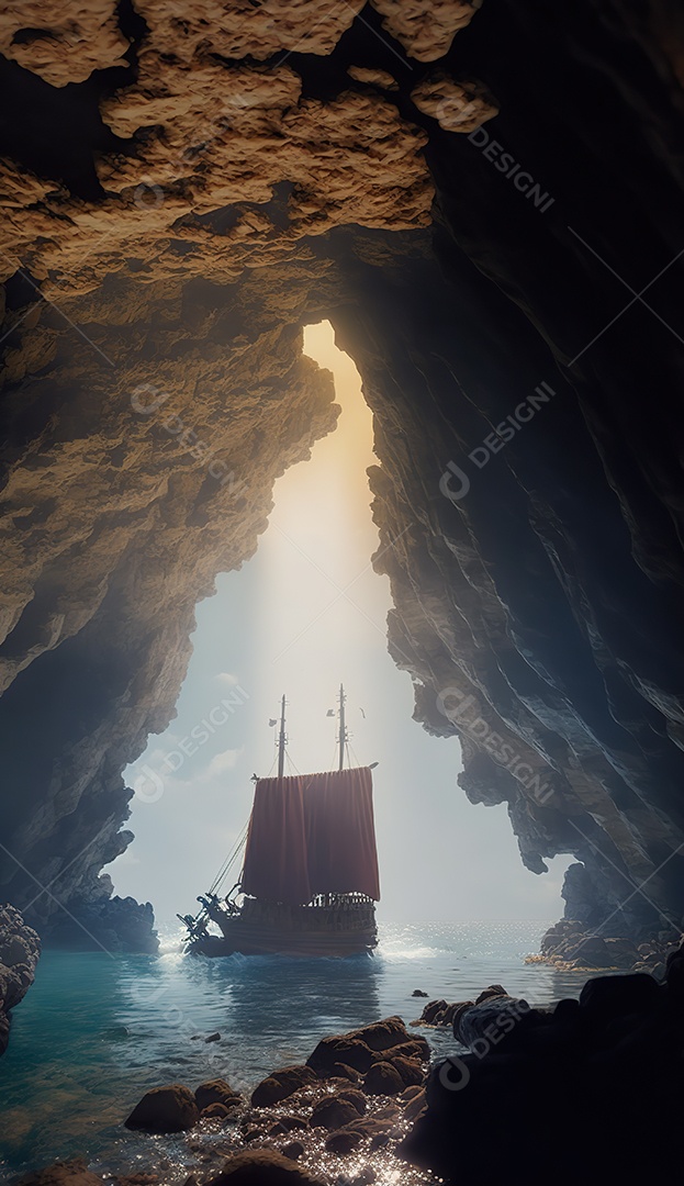 Vista da entrada da caverna, uma caravela detalhada no mar. Ondas batendo nas rochas dentro da caverna. Efeito atmosférico. Belas nuvens densas no céu ensolarado
