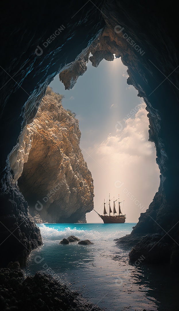 Vista da entrada da caverna, uma caravela detalhada no mar. Ondas batendo nas rochas dentro da caverna. Efeito atmosférico. Belas nuvens densas no céu ensolarado