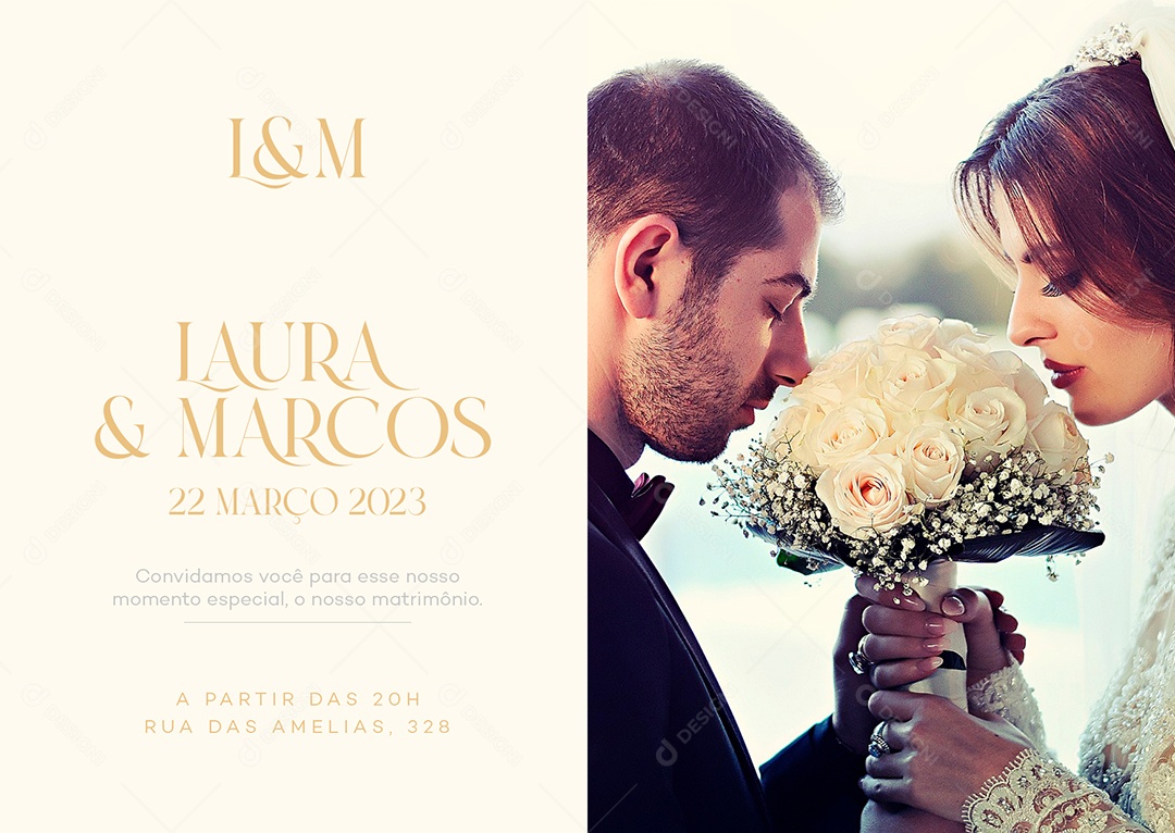 Modelo de Convite de Casamento Laura & Marcos PSD Editável