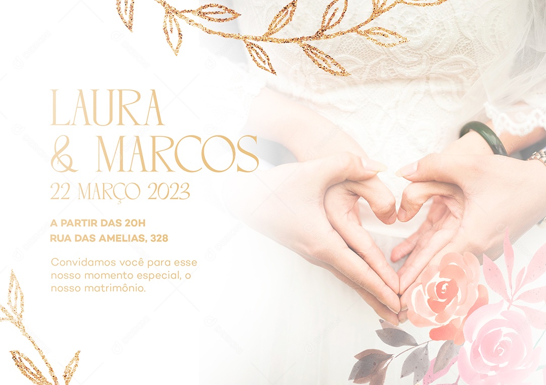 Modelo de Convite de Casamento Laura & Marcos PSD Editável