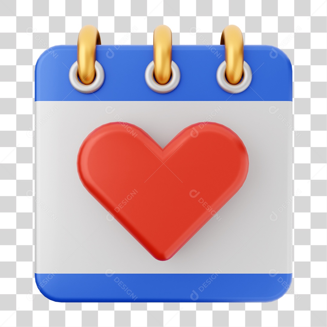 Elemento 3D Calendário Coração para Composição PNG Transparente