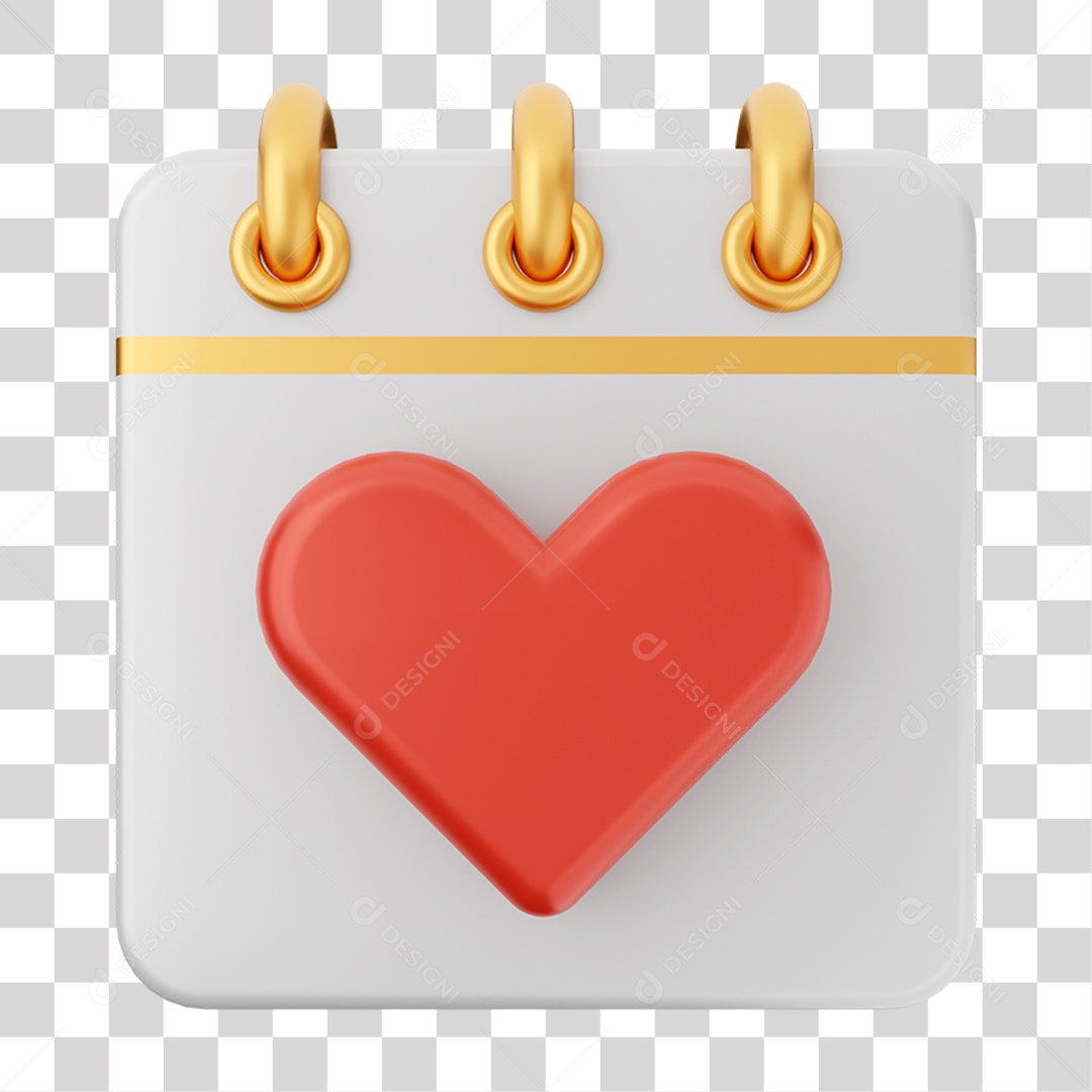 Elemento 3D Calendário Coração para Composição PNG Transparente